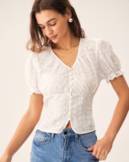 Blusa Floral Branca com Manga Bufante