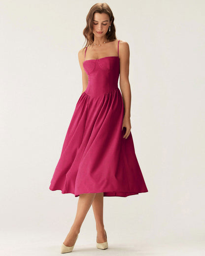 Vestido midi estilo slip com decote quadrado e bolsos — Vinho