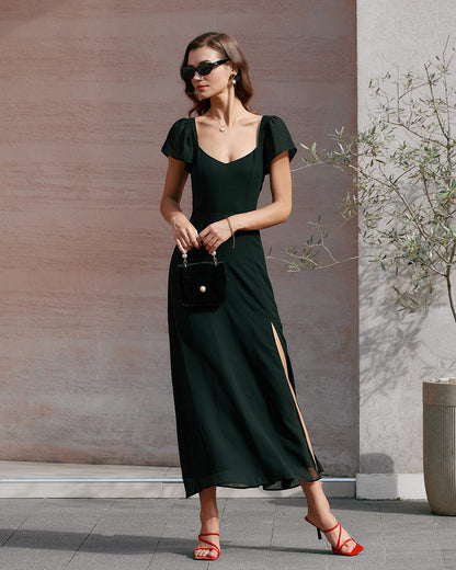 Vestido longo de chiffon com decote coração — Preto