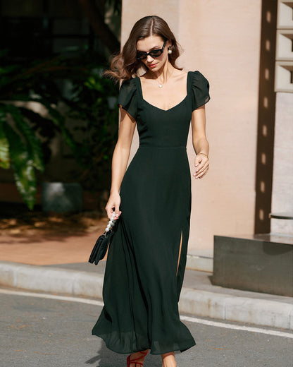 Vestido longo de chiffon com decote coração — Preto