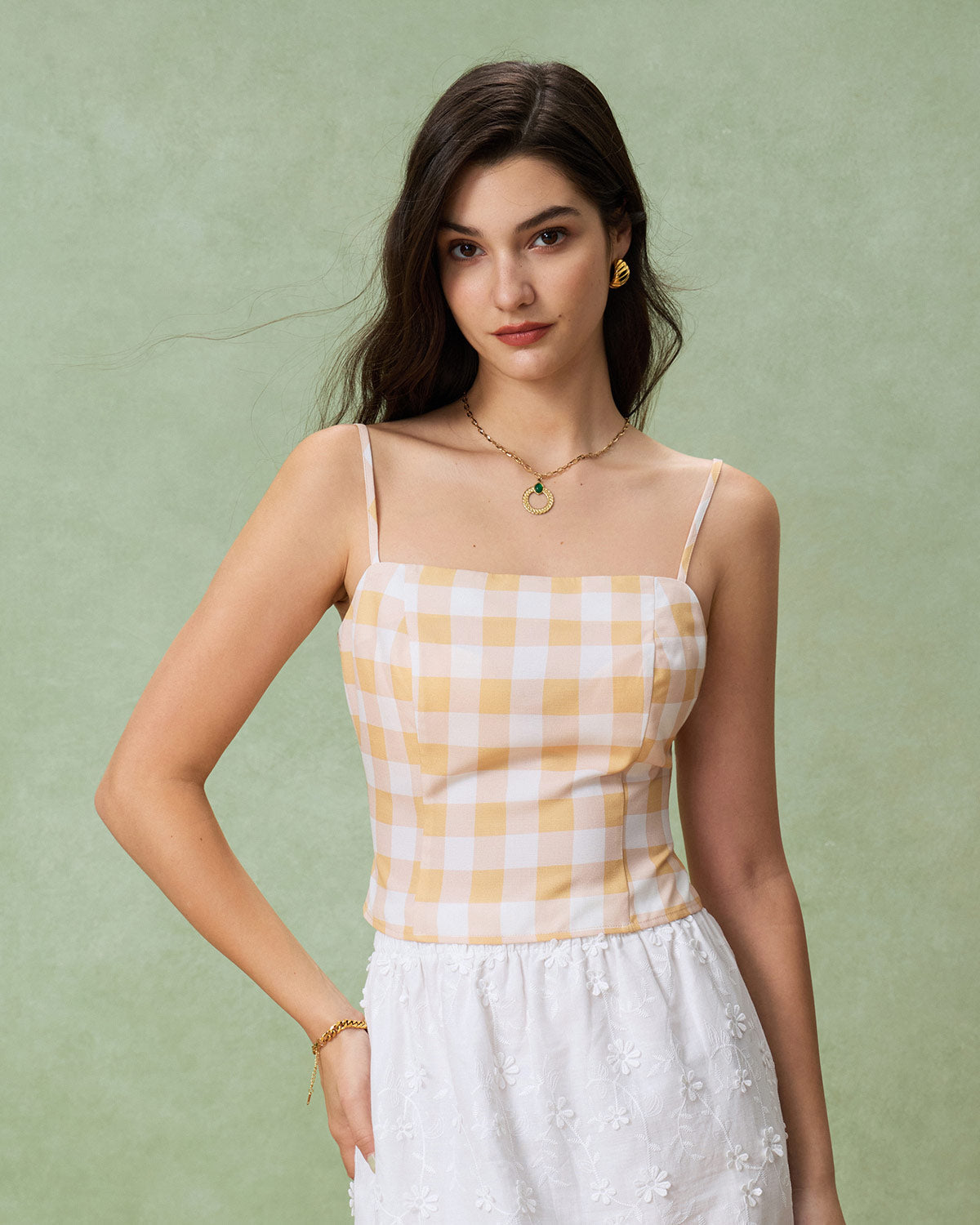 Top cami xadrez amarelo