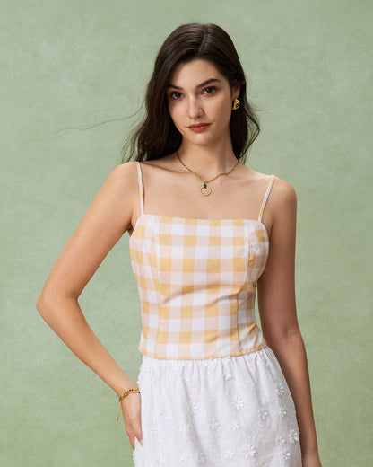 Top cami xadrez amarelo