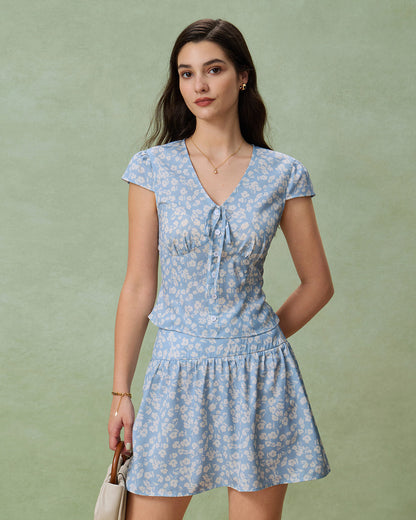 Minissaia evasê floral azul