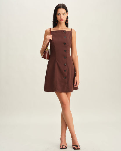 Mini vestido slip plissado com botões — Marrom