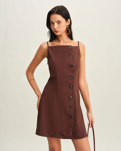 Mini vestido slip plissado com botões — Marrom