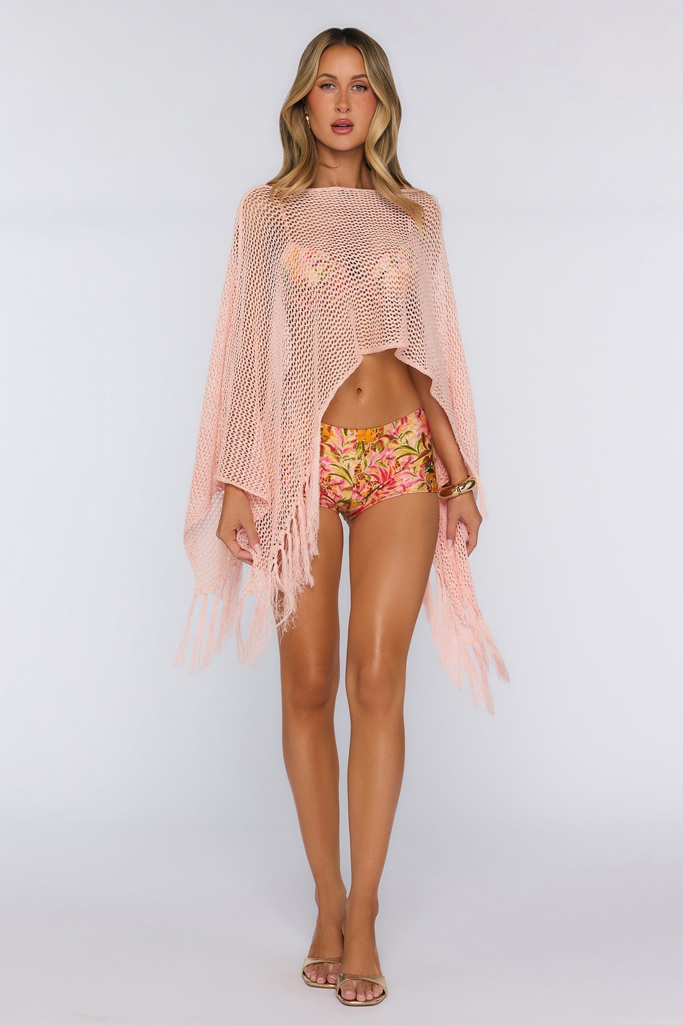 Poncho Rosa com Franjas
