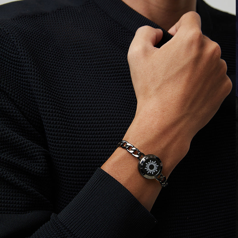 Sun & Moon Touch Bracelets with Figaro Chain (Black+Silver)