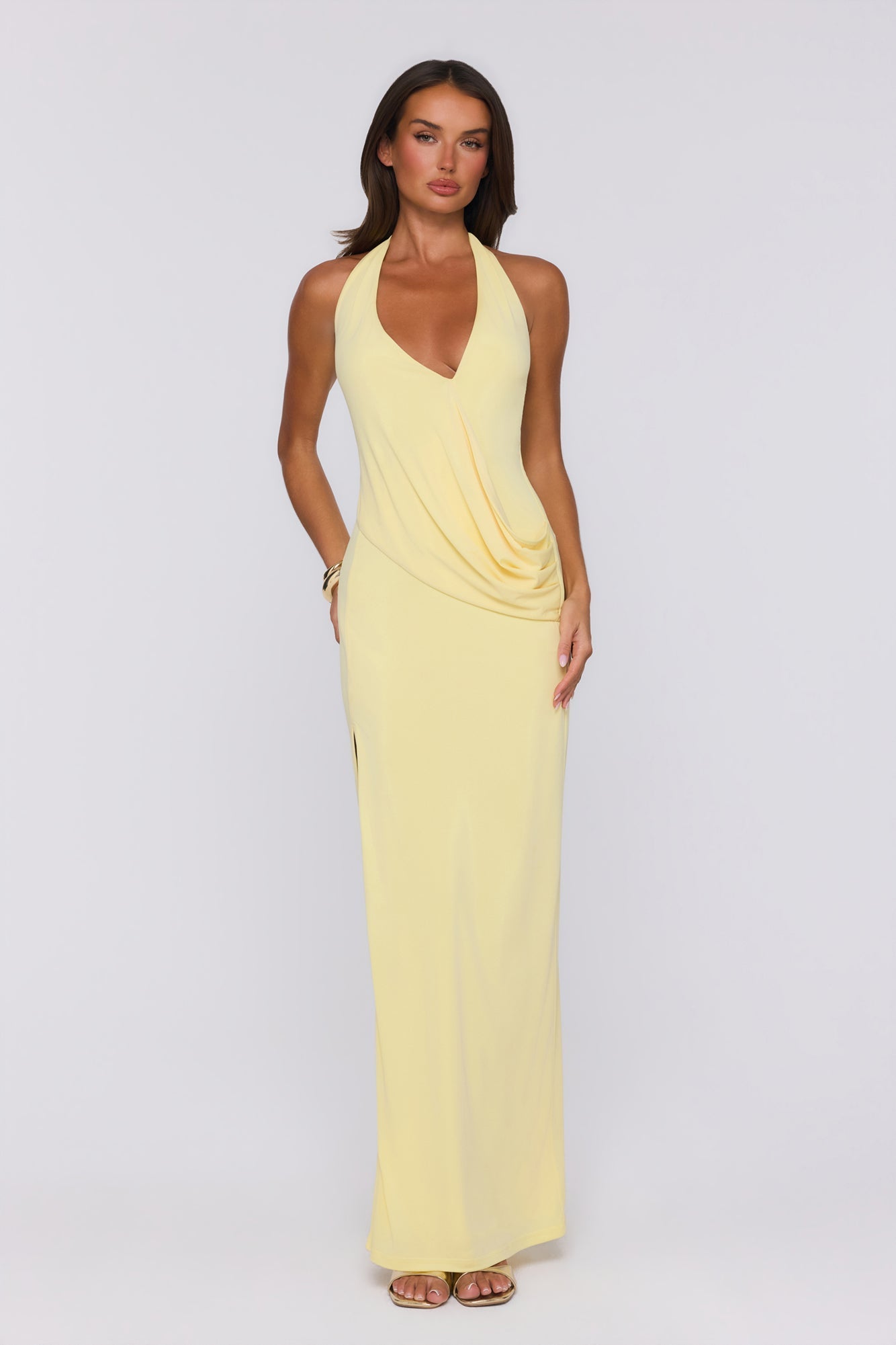 Sunny Aura Vestido Longo Halter — Amarelo