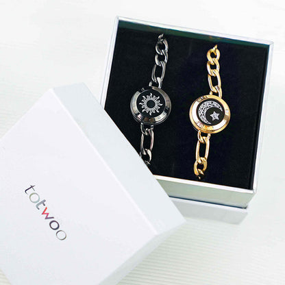 Sun & Moon Touch Bracelets with Figaro Chain (Black+Gold）