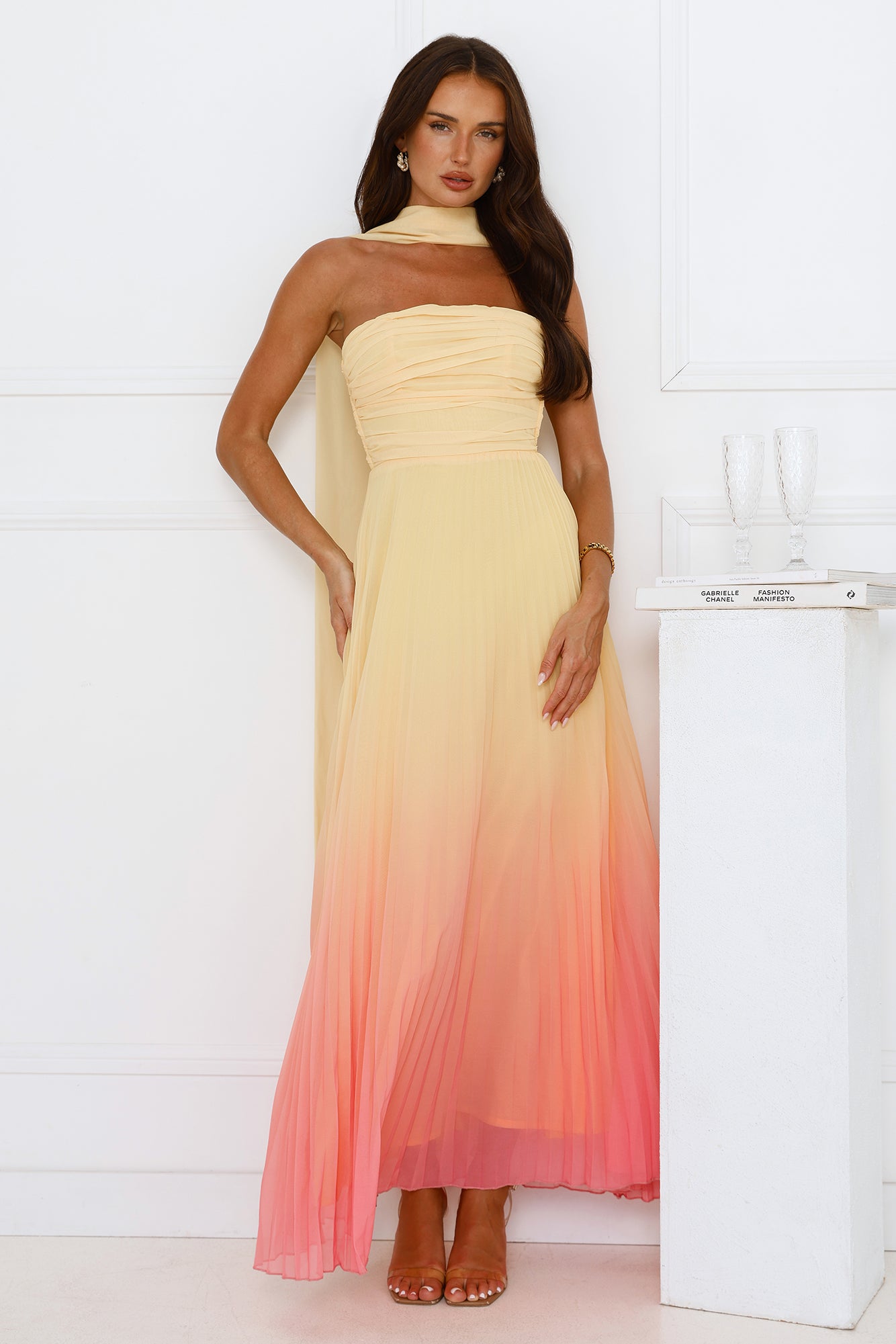Vestido longo plissado tomara que caia Sunset Magic — Amarelo
