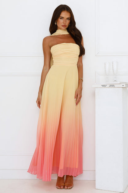 Vestido longo plissado tomara que caia Sunset Magic — Amarelo