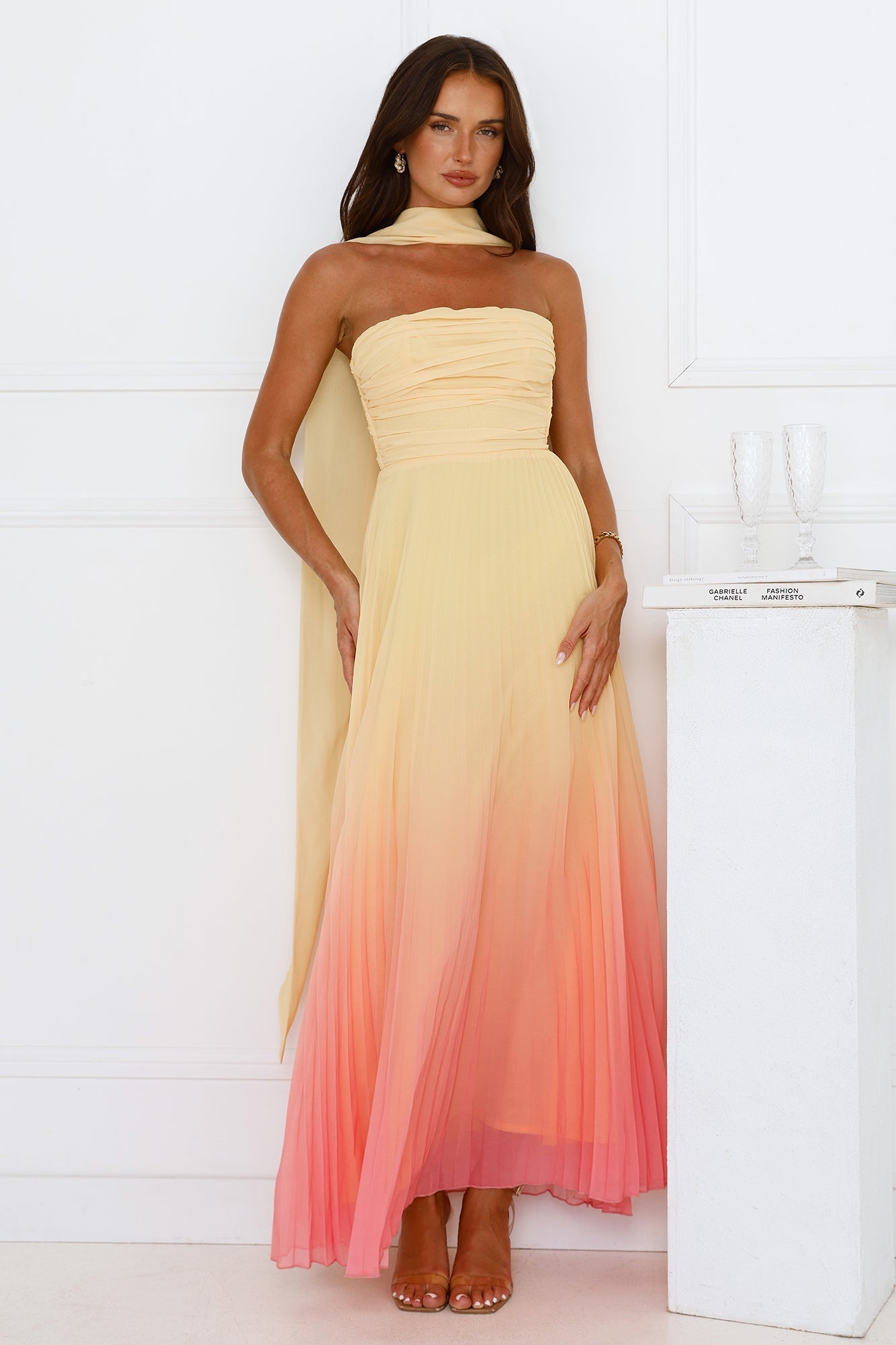 Vestido longo plissado tomara que caia Sunset Magic — Amarelo