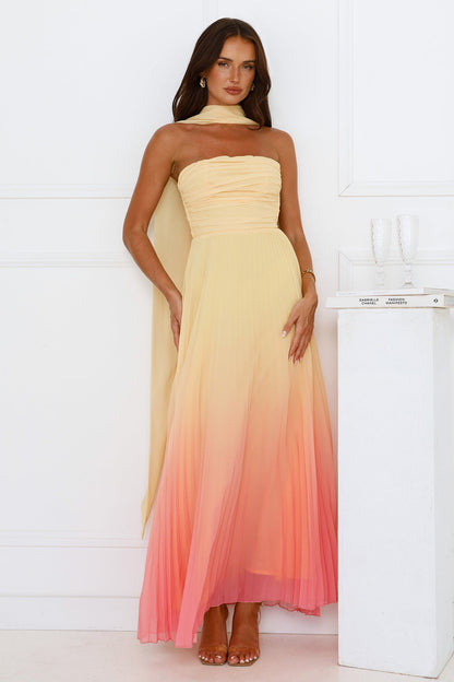 Vestido longo plissado tomara que caia Sunset Magic — Amarelo