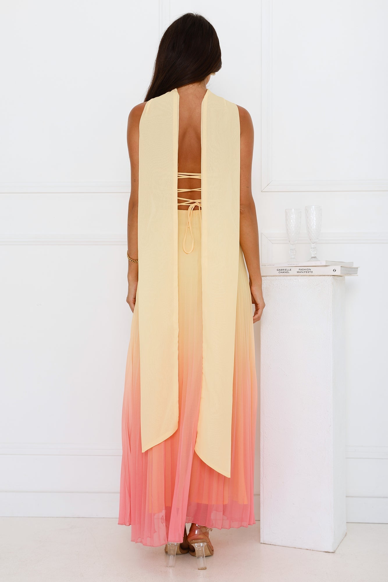 Vestido longo plissado tomara que caia Sunset Magic — Amarelo