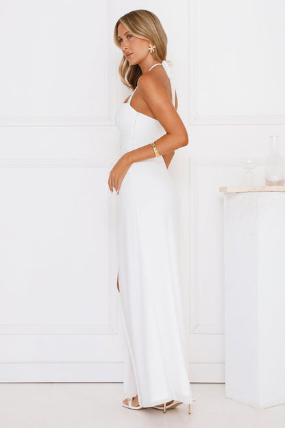 Vestido longo halter com estrelas-do-mar cintilantes — branco