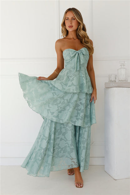 Vestido longo tomara-que-caia "Encanto no País das Maravilhas" — Verde Sálvia