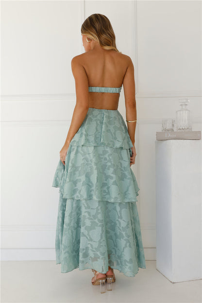 Vestido longo tomara-que-caia "Encanto no País das Maravilhas" — Verde Sálvia