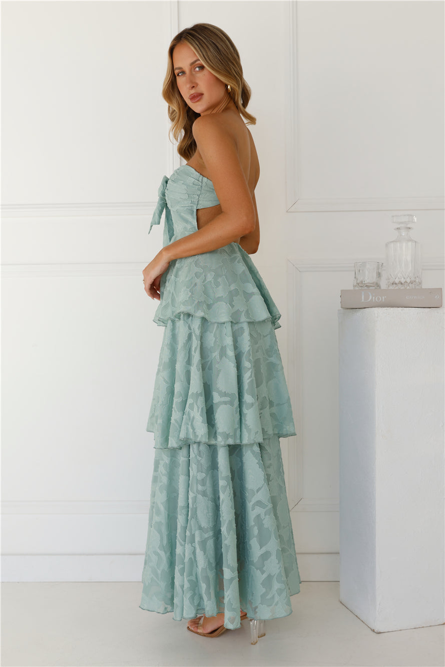 Vestido longo tomara-que-caia "Encanto no País das Maravilhas" — Verde Sálvia
