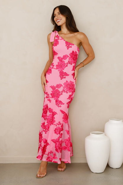 Glossy Girl Vestido Longo de Um Ombro em Tule - Rosa