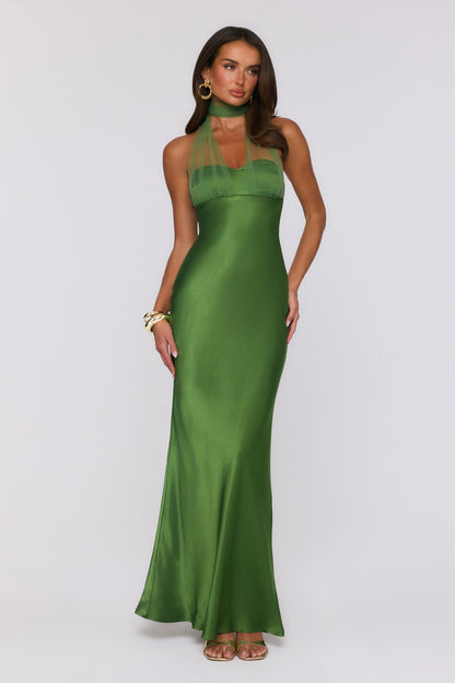 Étoile Club — Vestido maxi de cetim com decote halter (Verde)