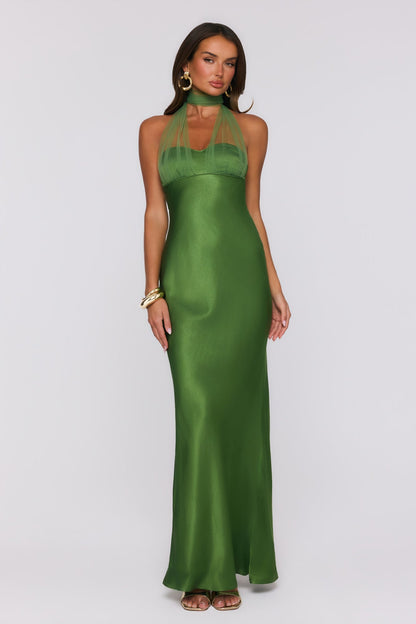 Étoile Club — Vestido maxi de cetim com decote halter (Verde)