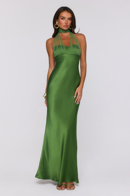 Étoile Club — Vestido maxi de cetim com decote halter (Verde)