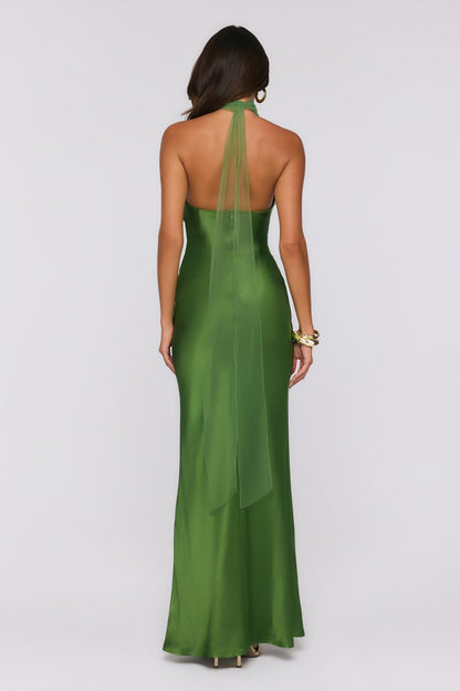 Étoile Club — Vestido maxi de cetim com decote halter (Verde)