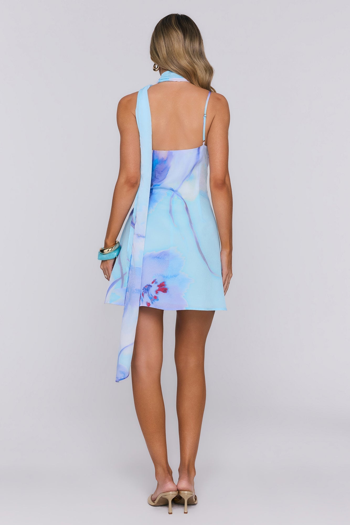 Vestido mini transpassado com amarração no pescoço "Salty Blossom" — Azul