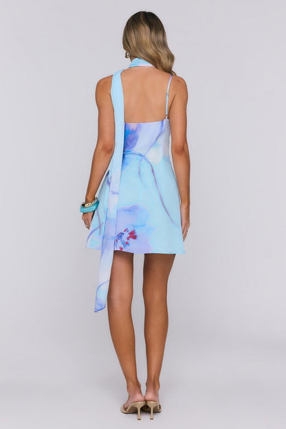 Vestido mini transpassado com amarração no pescoço "Salty Blossom" — Azul