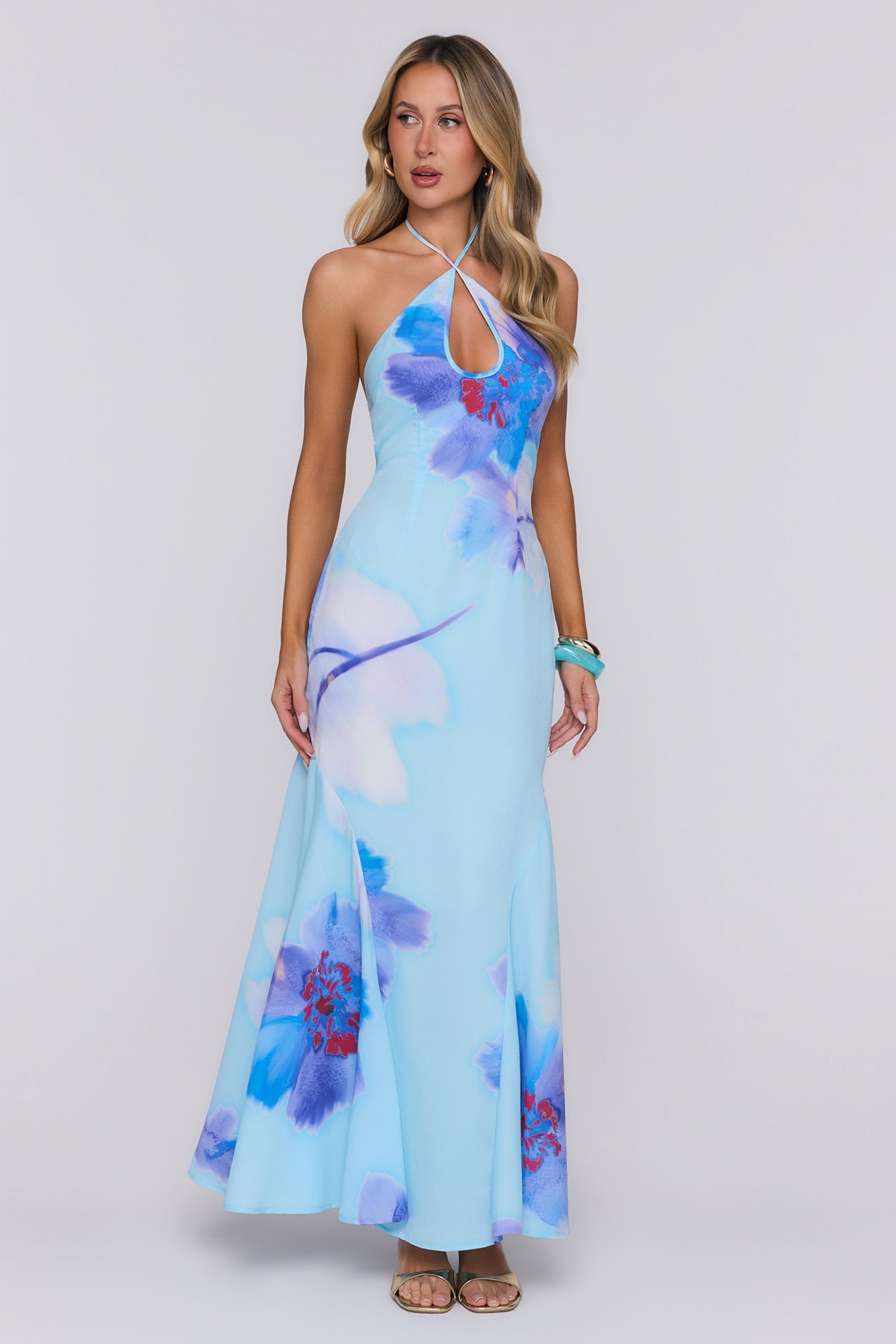 Vestido Longo Halter Blooming Tide — Azul