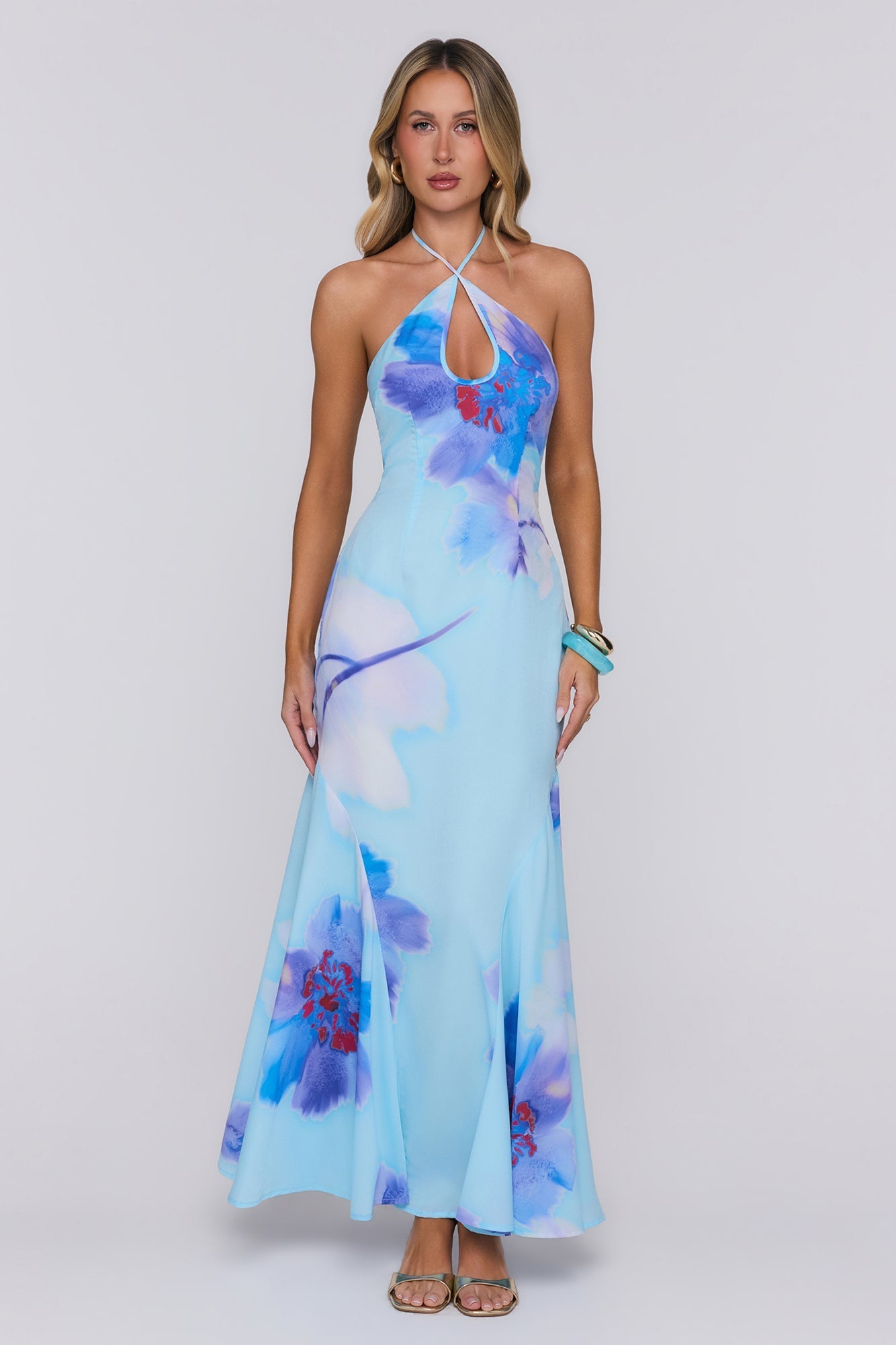 Vestido Longo Halter Blooming Tide — Azul