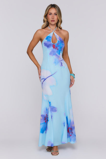Vestido Longo Halter Blooming Tide — Azul