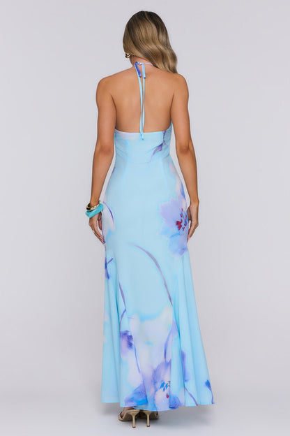 Vestido Longo Halter Blooming Tide — Azul