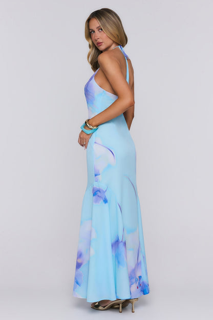 Vestido Longo Halter Blooming Tide — Azul