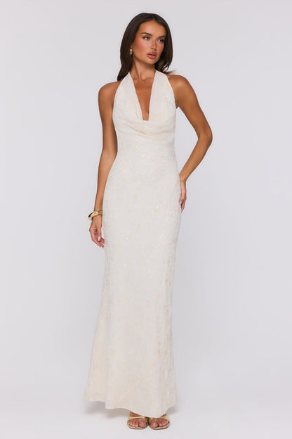 Bling It Babe Vestido longo com decote halter e aplicações de miçangas — Creme
