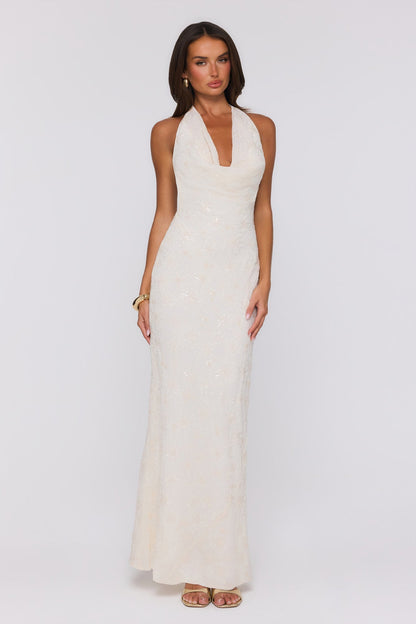 Bling It Babe Vestido longo com decote halter e aplicações de miçangas — Creme