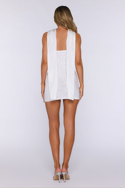 Vestido mini de tricô com paetês "Lagoa ao Sol" — Branco