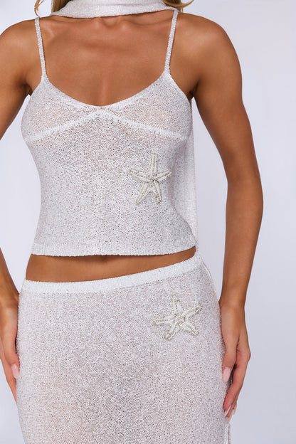 Whispering Coast Top Cropped em Tricô com Paetês — Branco