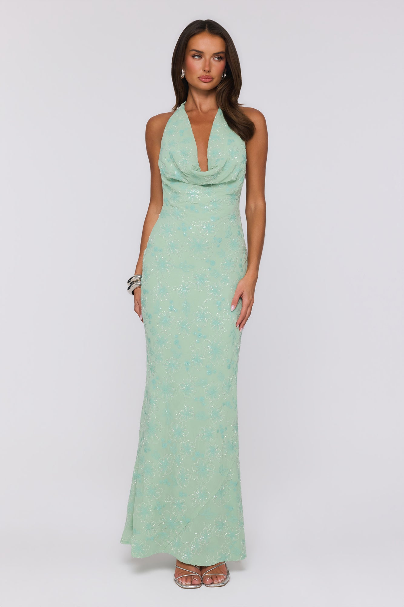 Bling It Babe — Vestido longo com decote halter e miçangas (Sálvia)