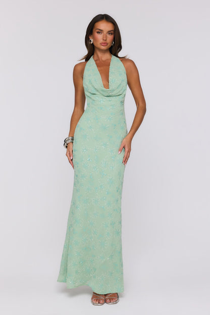 Bling It Babe — Vestido longo com decote halter e miçangas (Sálvia)