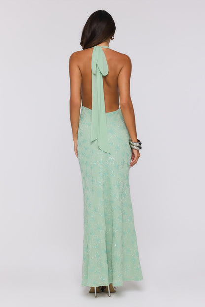 Bling It Babe — Vestido longo com decote halter e miçangas (Sálvia)