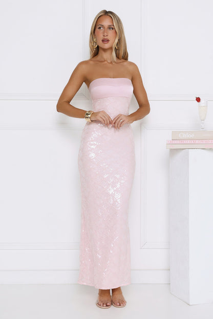 Saltwater Siren Vestido Longo Tomara-que-Caia com Paetês Rosa