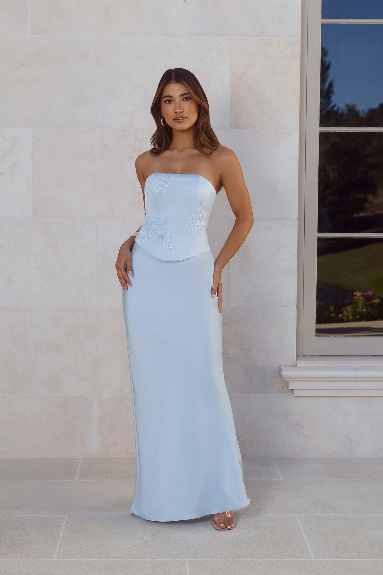 Golden Isle Vestido Longo Tomara-que-caia de Cetim — Azul