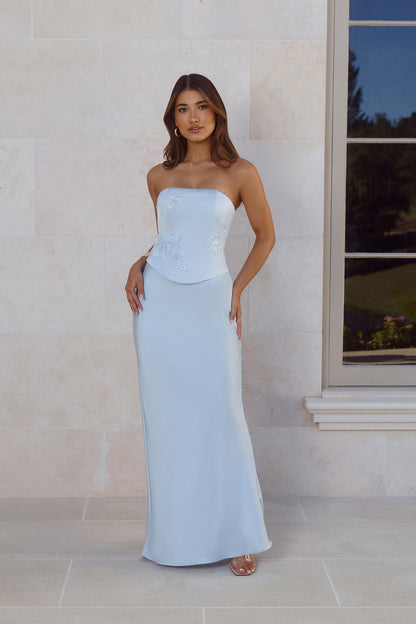 Golden Isle Vestido Longo Tomara-que-caia de Cetim — Azul