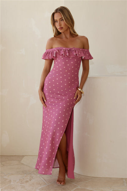 Vestido longo ombro a ombro com estampa poá — Magenta