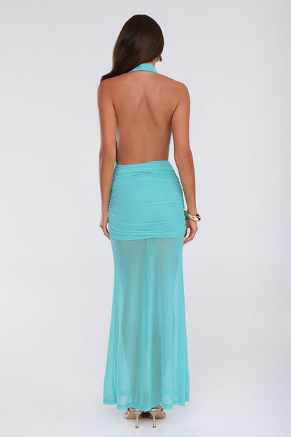 Vestido longo com decote halter "Nascida para se destacar" — Verde-água