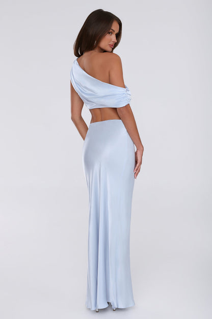 Indulgent Love Top Cropped Ombro a Ombro em Cetim — Azul