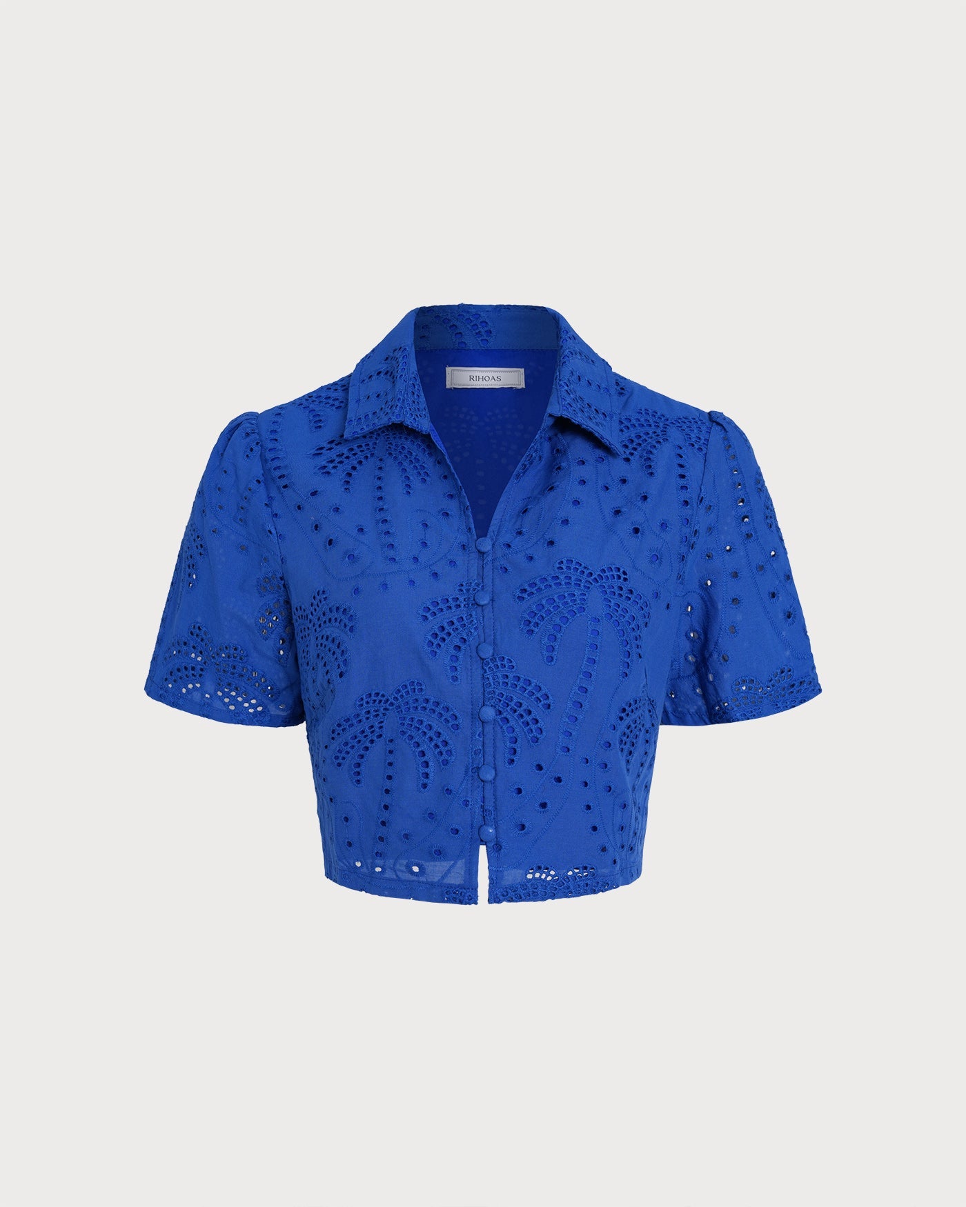Blusa Azul Texturizada com Gola Abotoável