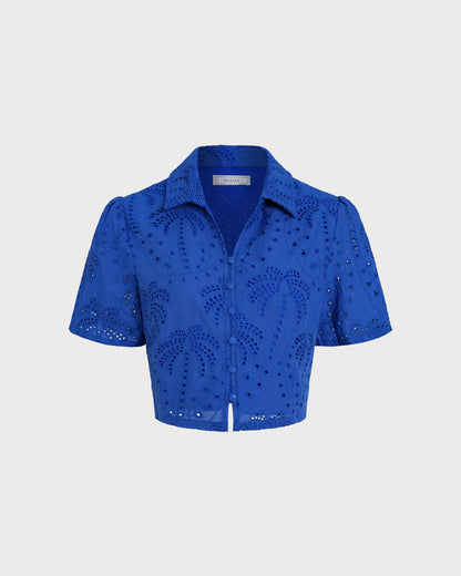 Blusa Azul Texturizada com Gola Abotoável