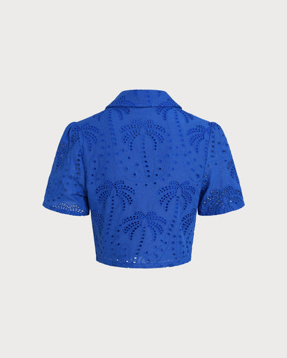 Blusa Azul Texturizada com Gola Abotoável
